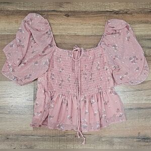 Pink Floral Altar'd State Sz M Rose Pink Puff Sleeve Crop Babydol